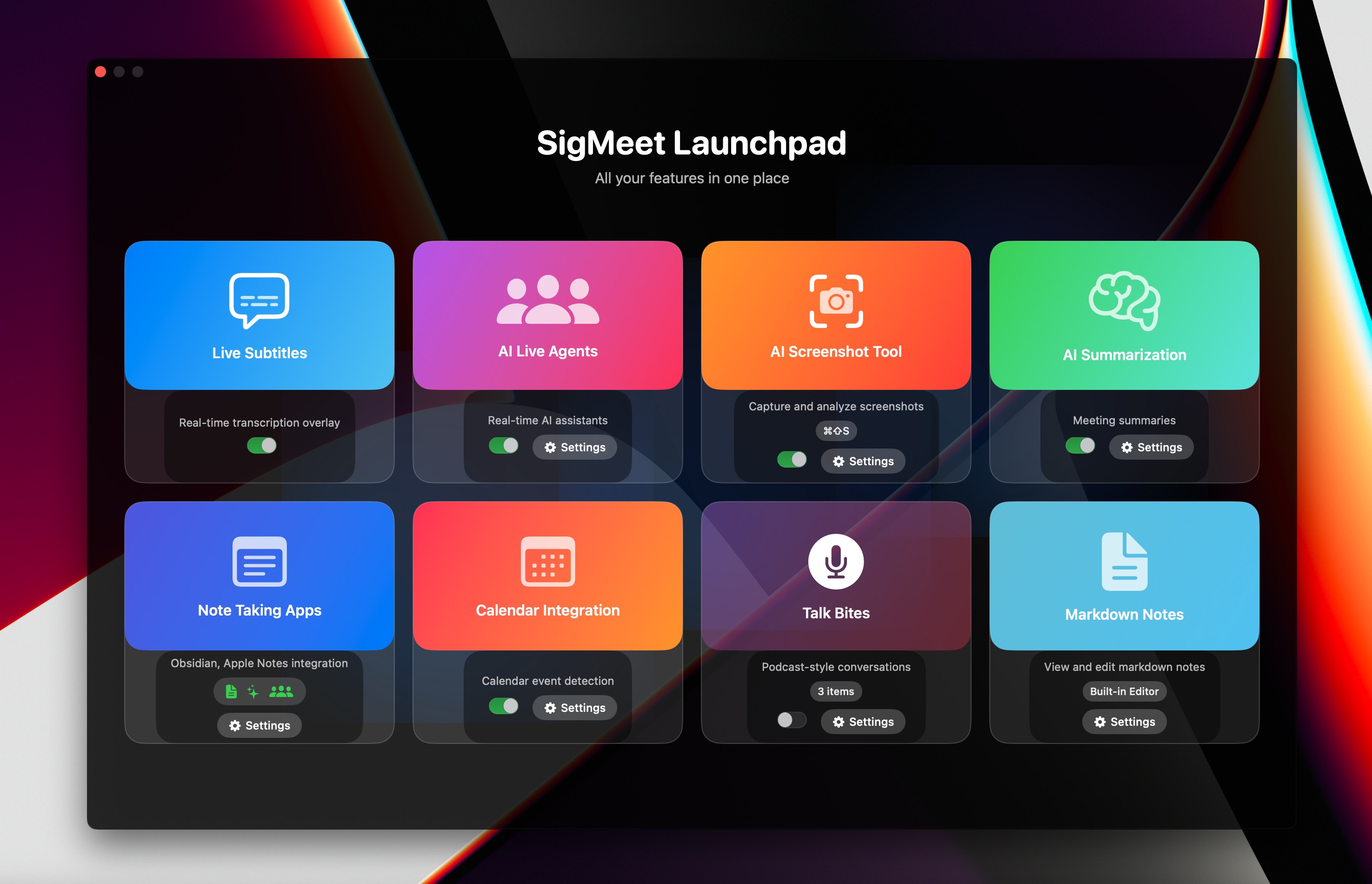 SigMeet launchpad overview with feature cards.