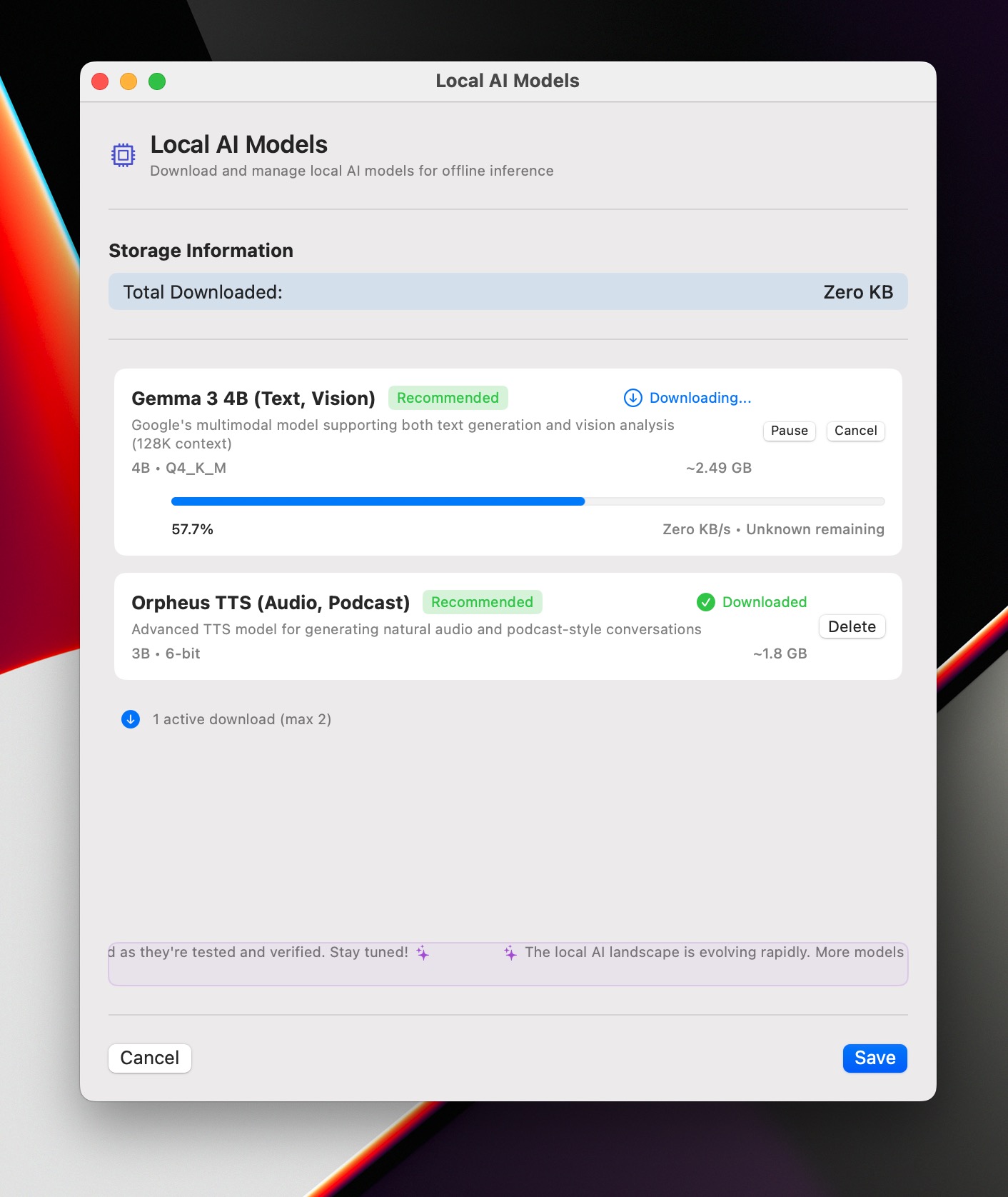 SigMeet local AI models dashboard.