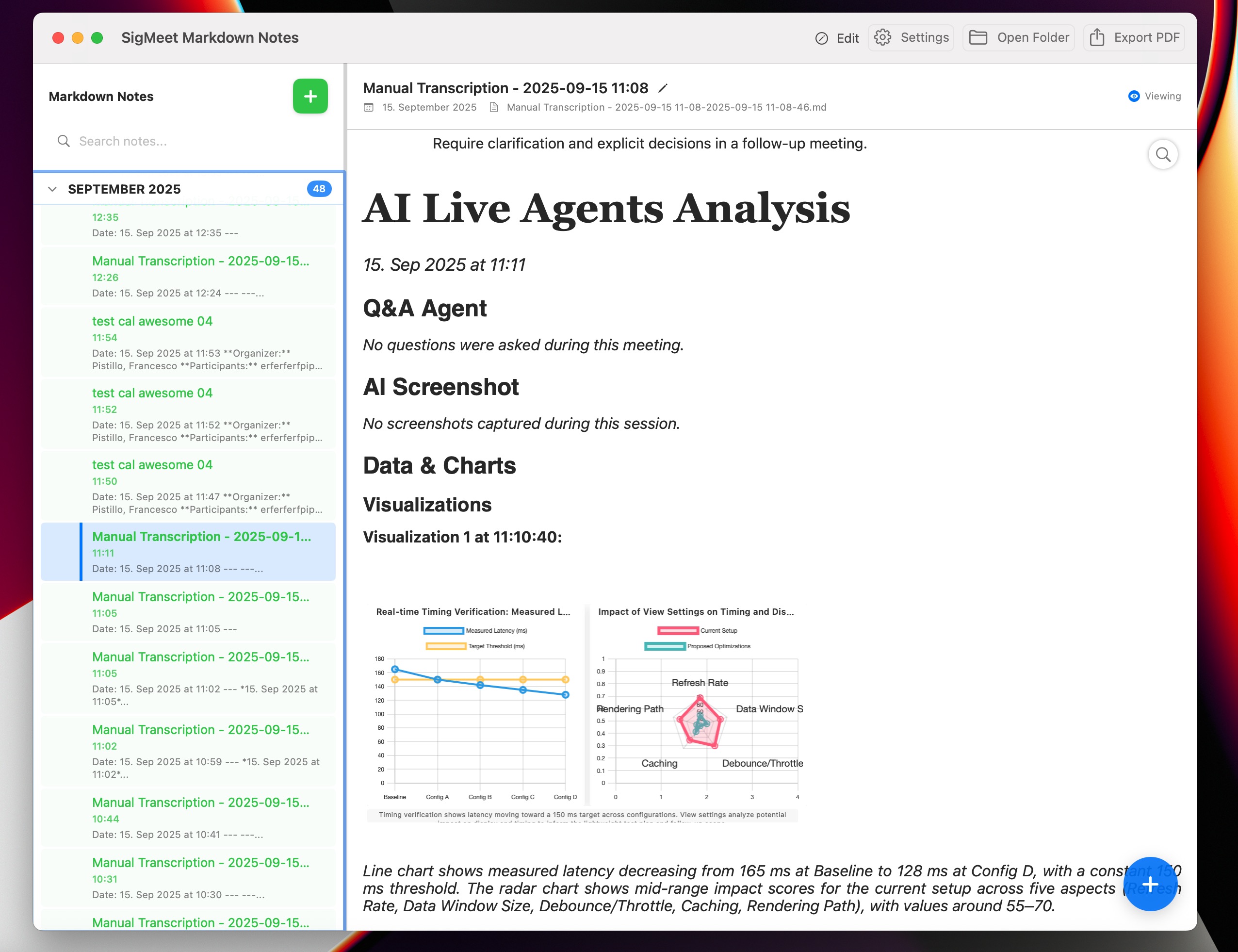 SigMeet markdown editor with transcription notes.