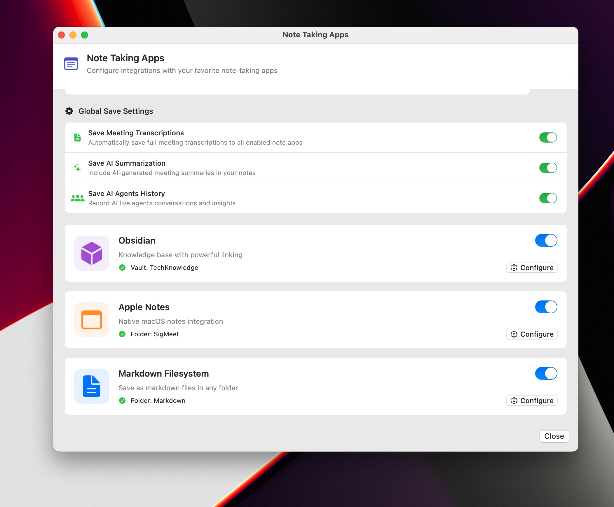 SigMeet integrations with Apple Notes and Obsidian.